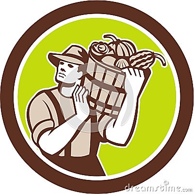 Organic Farmer Carrying Harvest Bucket Retro Vector Illustration