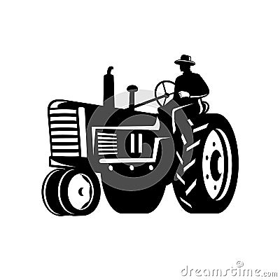 Organic Farmer Driving Vintage Tractor Retro Silhouette Black and White Vector Illustration