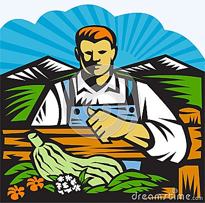 Organic Farmer Farm Produce Harvest Retro Vector Illustration