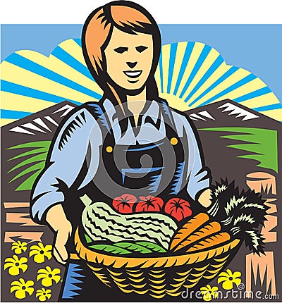 Organic Farmer Farm Produce Harvest Retro Vector Illustration
