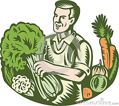 Organic Farmer Green Grocer With Vegetables Retro Vector Illustration