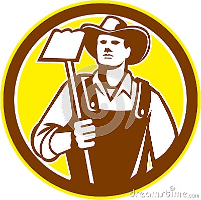 Organic Farmer Holding Grab Hoe Circle Retro Vector Illustration