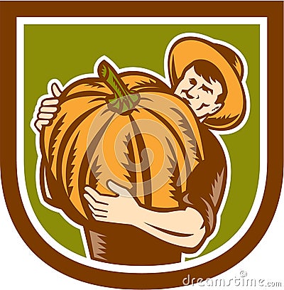 Organic Farmer Holding Pumpkin Shield Retro Stock Photo