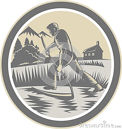 Organic Farmer Reaping Using Scythe Retro Vector Illustration