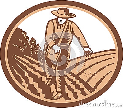 Organic Farmer Sowing Seed Woodcut Retro Vector Illustration