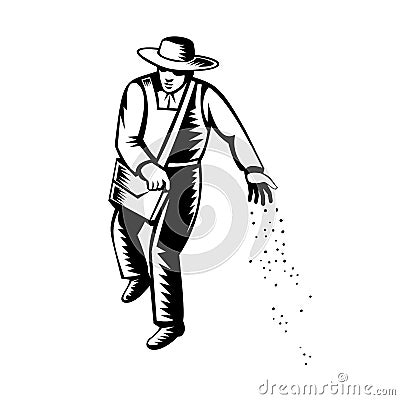 Organic Farmer Sowing Seeds Viewed from Front Retro Black and White Vector Illustration