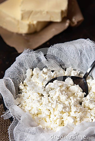 Organic Farming Cottage cheese and Butter. Homemade dairy products Stock Photo