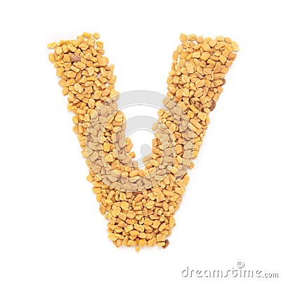 Organic Fenugreek seed Trigonella foenum-graecum in letter V Shape for vitamin. Stock Photo