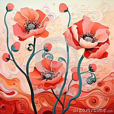 Organic Flowing Beauty: Art Nouveau Inspired Red Flower Scene Stock Photo