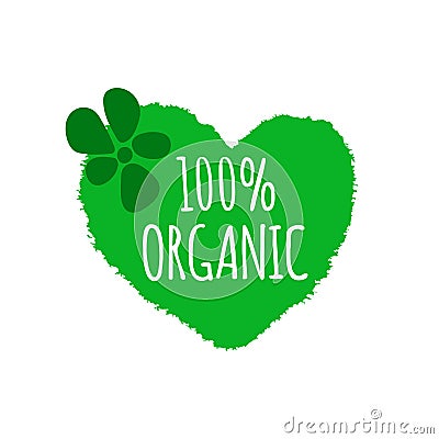 Organic food badge. Vegan menu. Heart brush shape with flower Vector Illustration