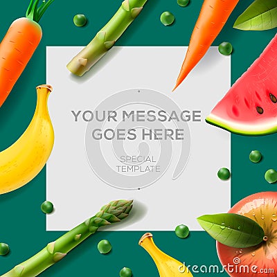 Organic food banner, fresh vegetables and fruits Vector Illustration