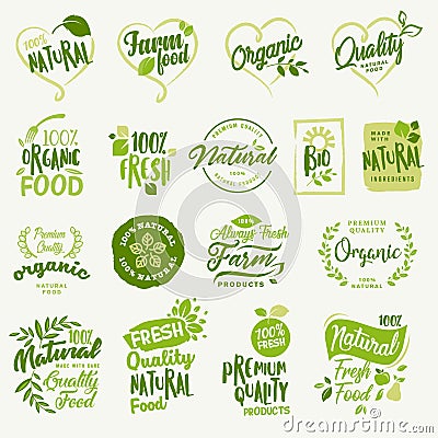 Organic food, farm fresh and natural product stickers and labels collection Vector Illustration