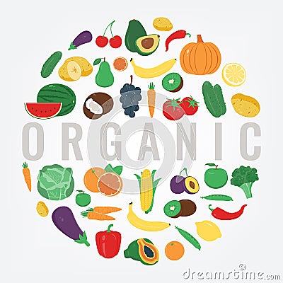 Organic food. Fruits and vegetables. Healthy eating concept. Vector Vector Illustration