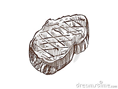 Organic food. Hand-drawn vector sketch of ribeye steak, beef steak, piece of meat. Doodle vintage illustration. Decorations for Vector Illustration