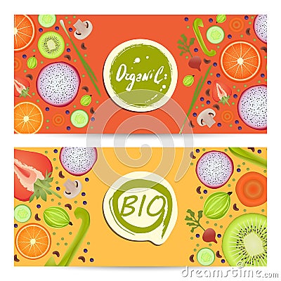 Organic food horizontal flyers set Vector Illustration