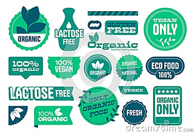 Organic food labels. Eco vegetarian, gluten and lactose free stamps with leaf, natural farm fresh product icons. Vector Vector Illustration