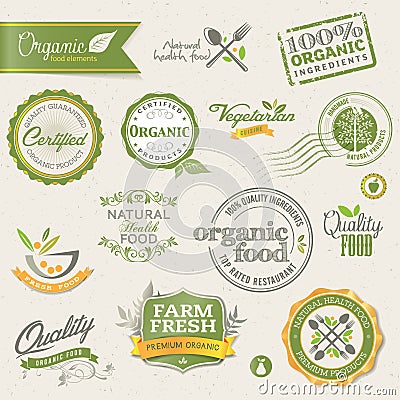 Organic food labels and elements Vector Illustration