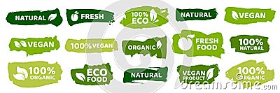Organic food labels. Fresh eco vegetarian products, vegan label and healthy foods badges vector set Vector Illustration
