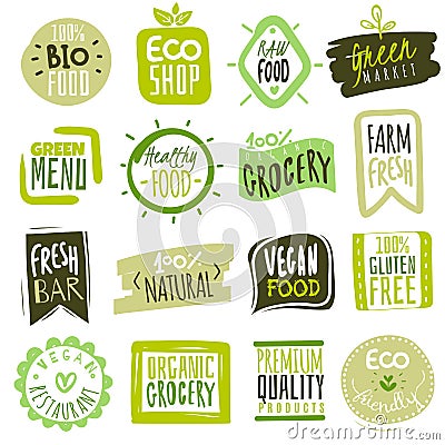 Organic food labels. Natural meal and fresh products logo. Ecology farm bio food vector green premium badges Vector Illustration