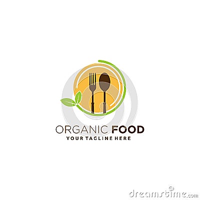 Organic food leaf and spoon fork plate circle logo design Vector Illustration