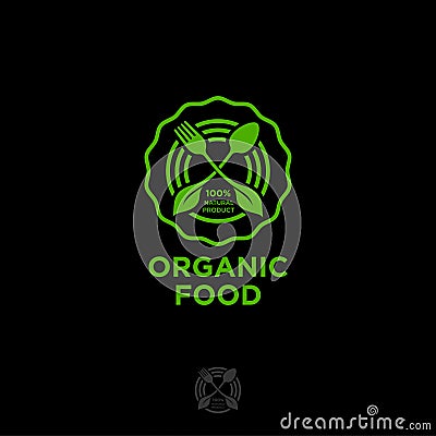 Organic food logo. Green food emblem. Green leaves, fork and spoon in a circle. Vector Illustration