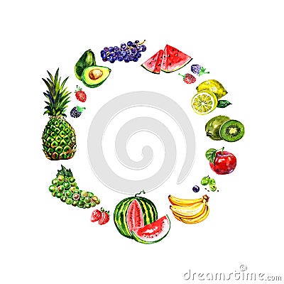 Organic food - wreath of fruits. Watercolor harvest frame isolated on white background. Stock Photo