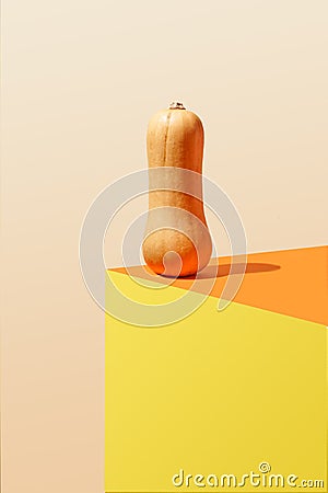 Organic fresh butter squash seats on the corner of the table. Pastel beige background. Still life abstract concept Stock Photo