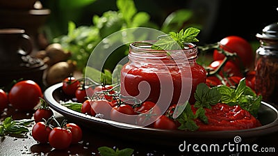 Organic Fresh Tomato Paste with Tomatoes and Leaves on Bowl Background Defocused Stock Photo