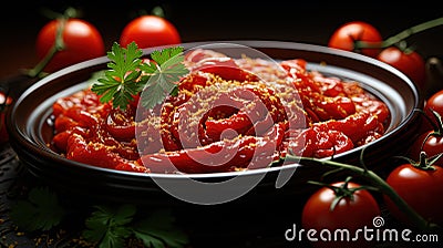 Organic Fresh Tomato Paste with Tomatoes and Leaves on Bowl Background Defocused Stock Photo