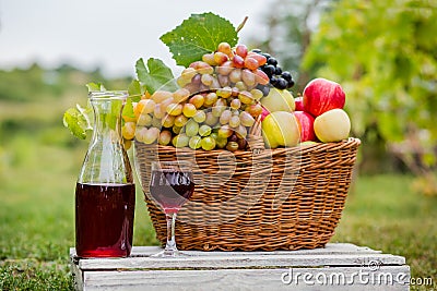 Organic fruit in basket in summer grass. Decanter and glass of wine. Stock Photo