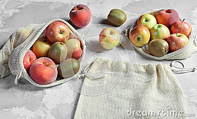 Organic fruits in reusable eco friendly natural bag Stock Photo