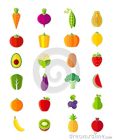 Organic fruits and vegetables flat style icons set Vector Illustration