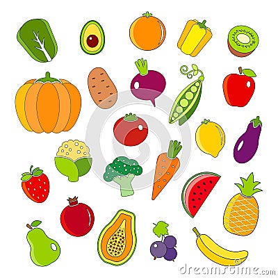 Organic fruits and vegetables outline style icons set Vector Illustration