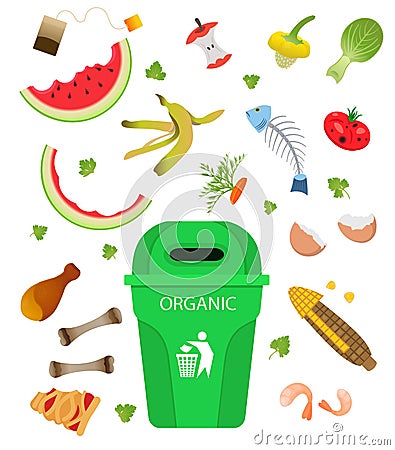 Organic garbage. Food, vegetables and fruits.Cartoon vector illustration Vector Illustration