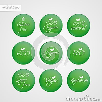 Organic Gluten Sugar free Eco Bio Vegan Vegetarian Eco Bio Natural label. Food logo icons. Vector green and white sticker signs Vector Illustration