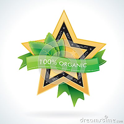 Organic gold star emblem with green leaves Vector Illustration