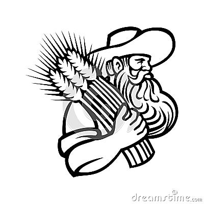 Organic Grain Farmer or Wheat Farmer with Beard Holding a Bunch of Dried Wheat Retro Mascot Black and White Vector Illustration