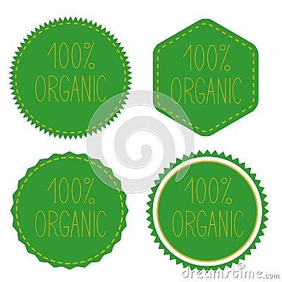 100% organic. Green badges, stickers, logo, stamp. Vector Illustration