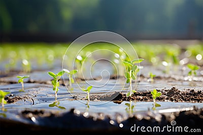 Organic growth Young cucumber seedling sprouts in the field with plastic film mulch Stock Photo