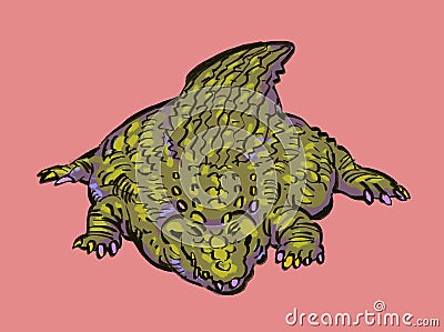 Organic hand drawn happy flat green cartoon crocodile smiling relaxed on pink background Cartoon Illustration