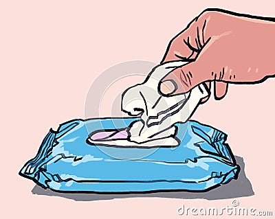 Organic hand drawn person hand reaching for wet wipes or tissue paper on beige pink background Cartoon Illustration