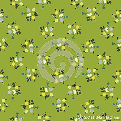 Organic harvest seamless pattern with botanic apple and leaves silhouettes. Green background. Food print Vector Illustration