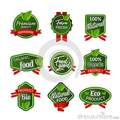 Organic health food badge seal design. Natural organic food sticker set. Farm product market signs in vector Vector Illustration