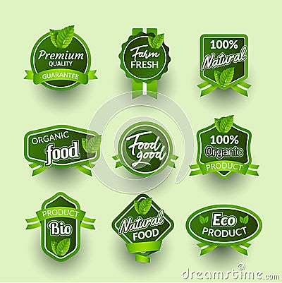 Organic health food badge seal design. Natural organic food sticker set. Farm product market signs in vector Vector Illustration