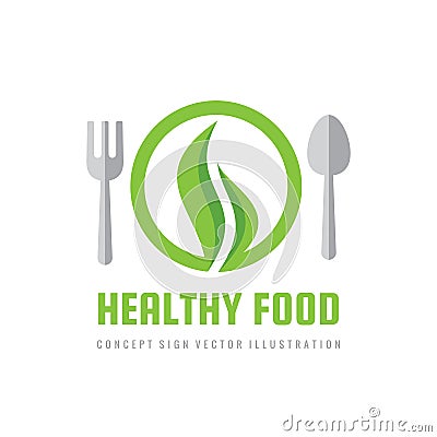 Organic healthy food - vector logo template concept illustration in flat style. Spoon, fork, plate and green leaf minimal creative Vector Illustration