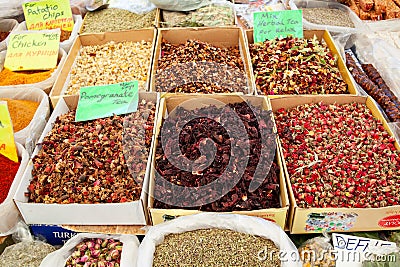 Organic herbal tea at the market. Trading dried flower tea on Turkish bazaar. dried flower petals. Editorial Stock Photo