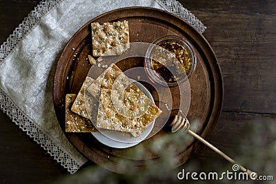 Organic honey with hard bread Stock Photo