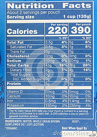 Ingredients nutrition label serving size cholesterol sodium calories Stock Photo