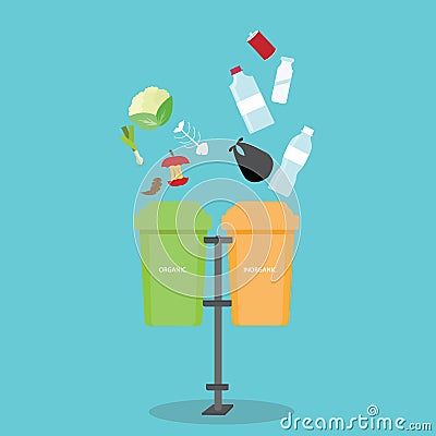 Organic inorganic recycle garbage bin separation segregate separate bottle degradable waste trash Vector Illustration