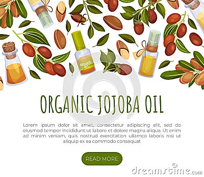 Organic Jojoba Oil Banner Design with Natural Plant Vector Template Stock Photo